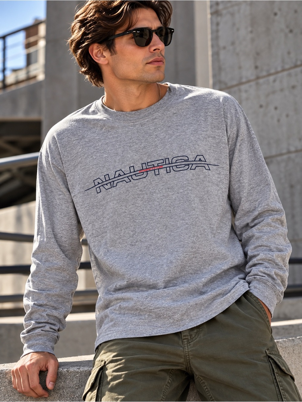 Vintage Nautica Competition Gray Long Sleeve T-Shirt XL Made in USA #685